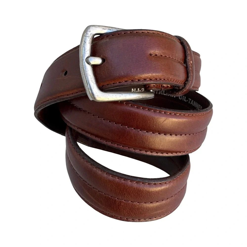 HJ-20 Italian Oil-Tanned Double Stitched Cowhide Leather Heritage Belt Brown‎ 34